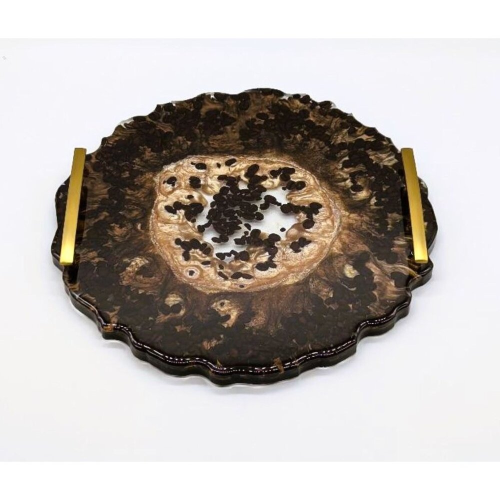 Large 13" Geode Shaped Round Tray with Gold Handles Handmade NEW